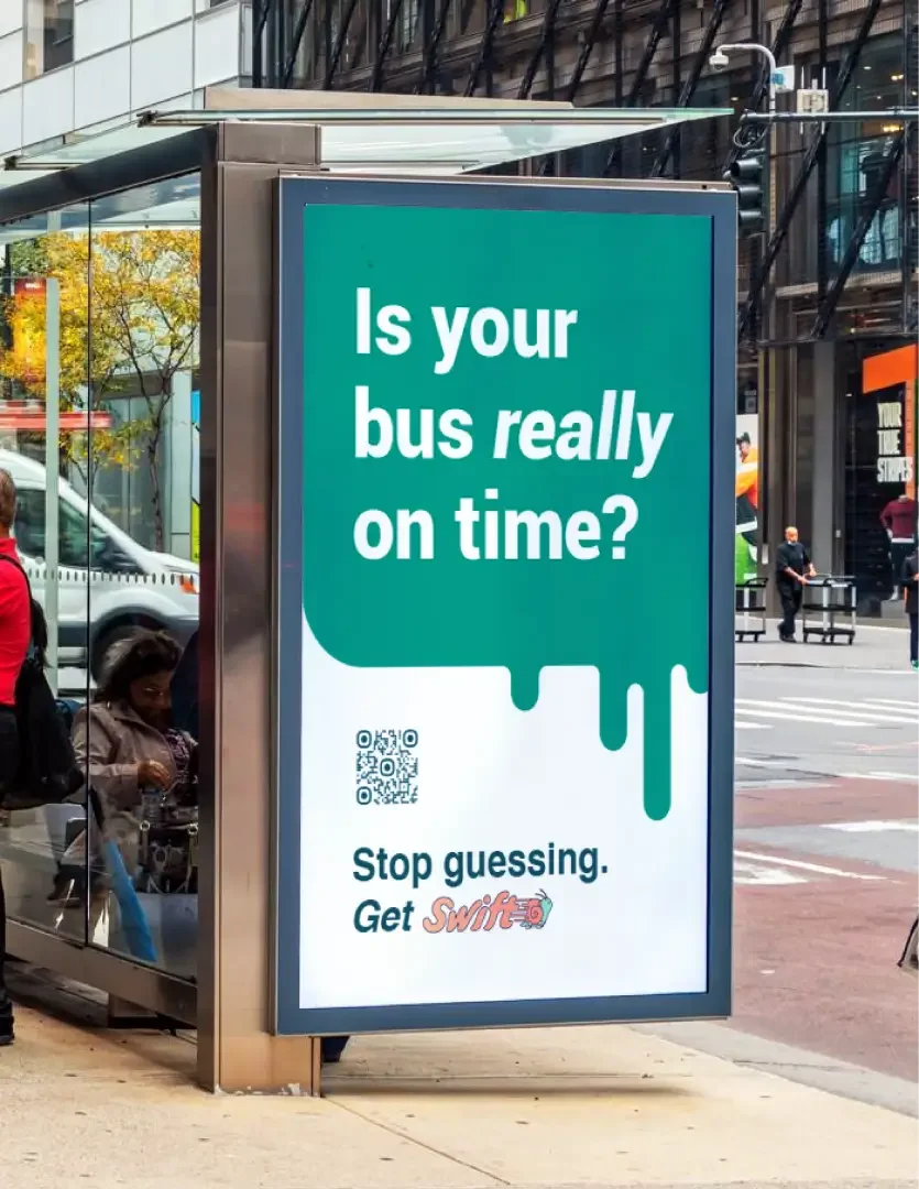 Mockup of bus stop billboard from Swift marketing campaign
